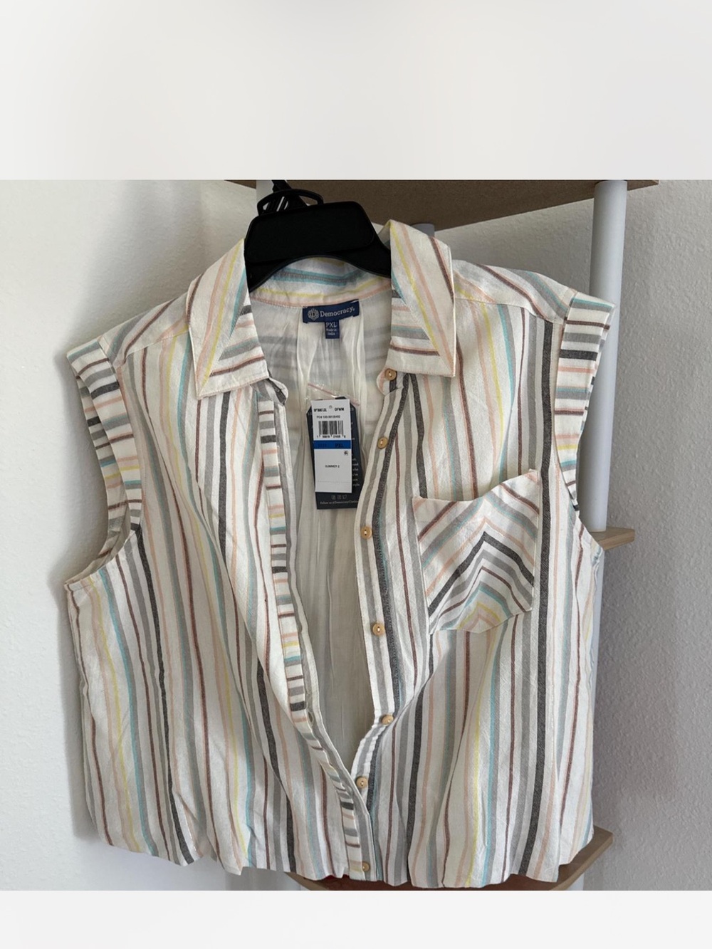 Democracy Striped Sleeveless Button-Down Top - Cream, Gray, Blue, Pink, Yellow